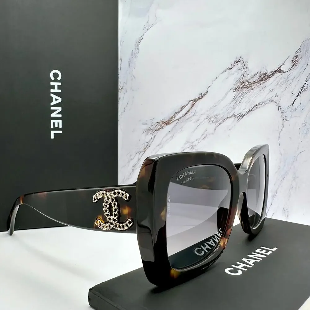 Chanel Black Tortoiseshell Oversized Sunglasses with Gold CC Logo